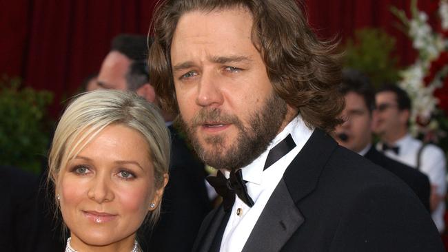 Actor Russell Crowe and Danielle Spencer arrive at the 74th Annual Academy Awards in 2002. Picture: Getty