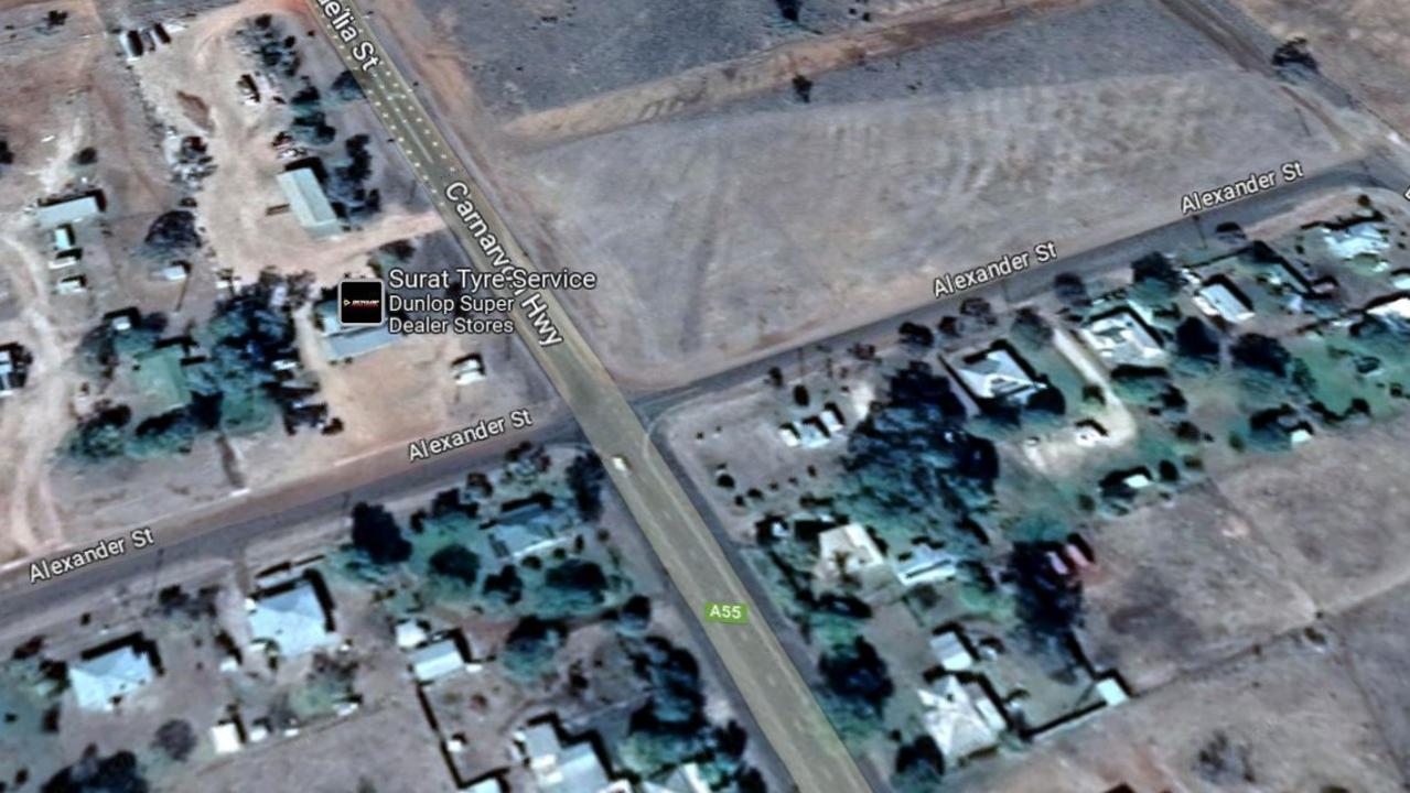 Aerial view of the empty block of state government-owned land opposite the tyre dealer on the corner of Cordelia and Alexander Streets in Surat. Picture: Google Maps.