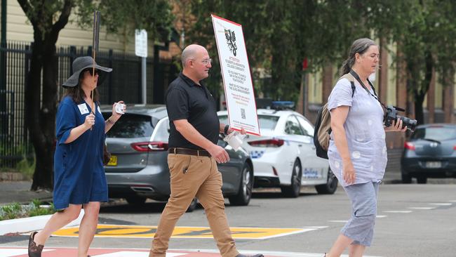 Parents are seen campaigning against Newington College's co-ed plan. Picture: Gaye Gerard