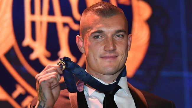 Dustin Martin of the Richmond Tigers reacts after winning the 2017 Brownlow medal