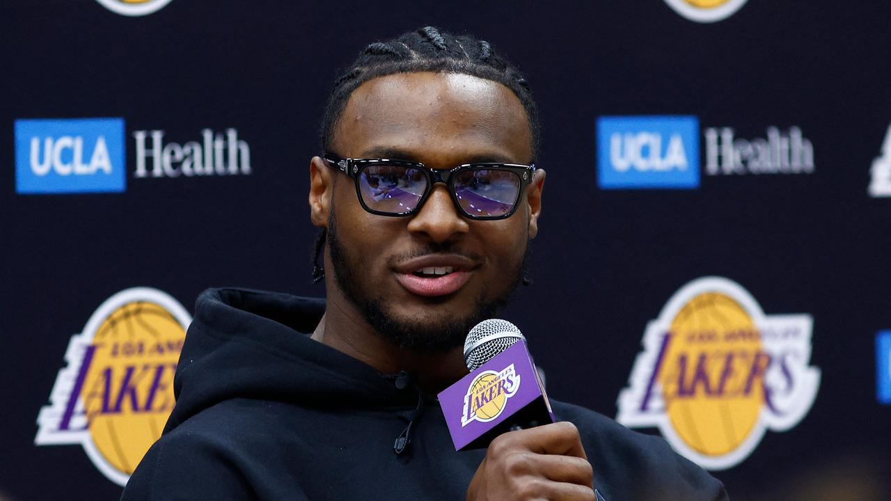Bronny James #9 of the Los Angeles Lakers speaks with the media during a press conference at UCLA Health Training Center on July 02, 2024 in El Segundo, California. (Photo by RONALD MARTINEZ / GETTY IMAGES NORTH AMERICA / Getty Images via AFP)