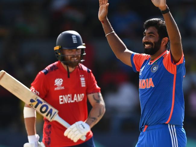 GEORGETOWN, GUYANA - JUNE 27: Jasprit Bumrah of India celebrates the wicket of Phil Salt of England with teammates during the ICC Men's T20 Cricket World Cup West Indies & USA 2024 Semi-Final match between India and England at Providence Stadium on June 27, 2024 in Georgetown, Guyana. (Photo by Gareth Copley/Getty Images)