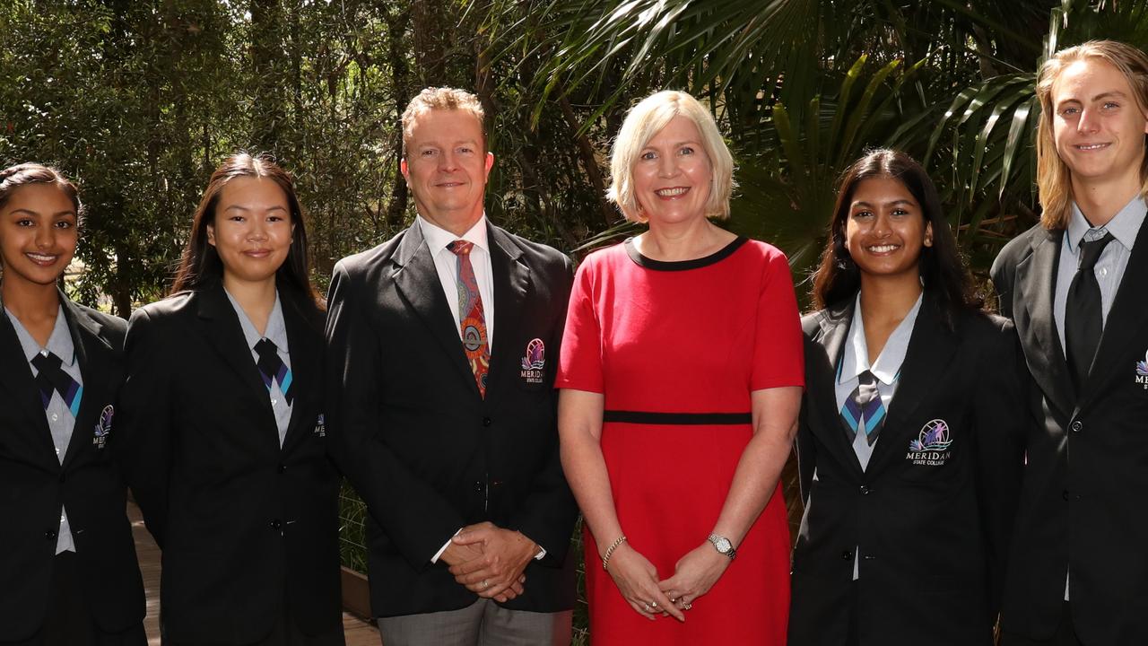 Meridan State College captains and Head of Staff (left to right): vice-captain Natasha Rajan, captain Leonna Hoang, Head of School Mark Seijbel, Executive Principal Kerri Jones, captain Agnes Jain, vice-captain August Gaske.