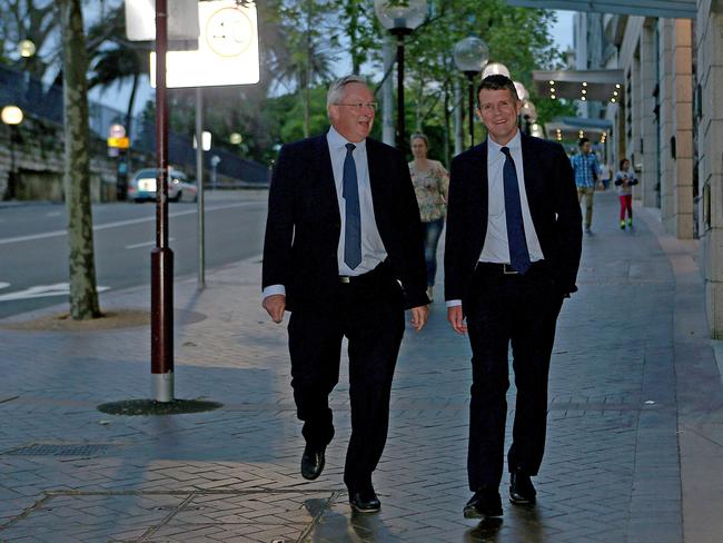 Mike Baird and Brad Hazzard arrive for dinner with Alan Jones last night / Kristi Miller