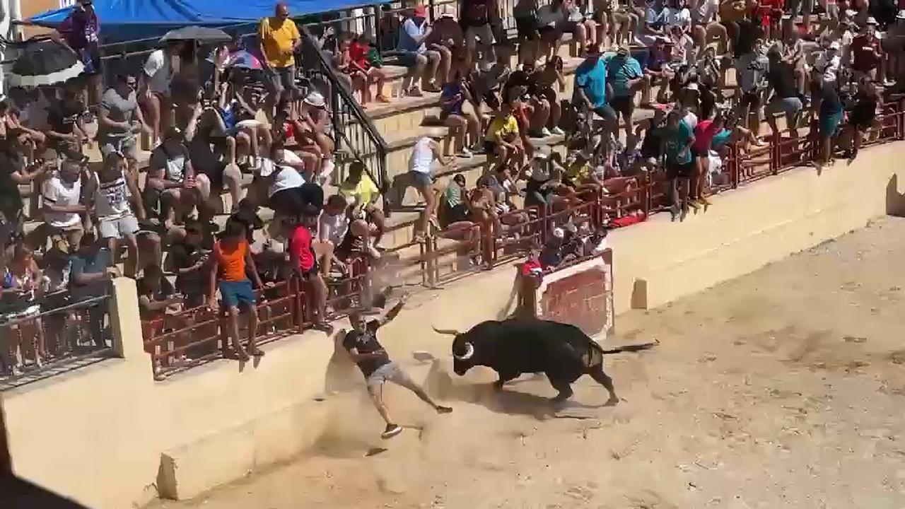 The French tourist was repeatedly gored by the bull in the disturbing clip. Picture: CEN