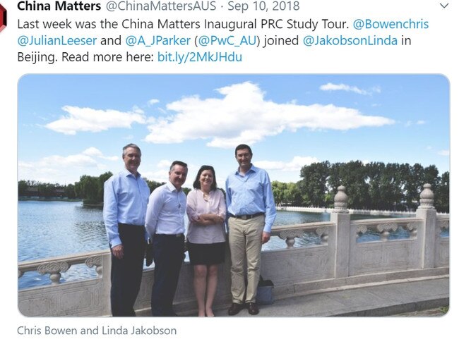 China Matters, Sep 10, 2018 - "Last week was the China Matters Inaugural PRC Study Tour. @Bowenchris @JulianLeeser and @A_JParker (@PwC_AU) joined @JakobsonLinda in Beijing. Picture: @ChinaMattersAUS/Twitter