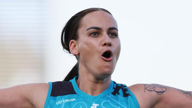 ADELAIDE, AUSTRALIA - NOVEMBER 03: Gemma Houghton of the Power celebrates a goal during the 2024 AFLW Round 10 match between Yartapuulti (Port Adelaide Power) and the Greater Western Sydney Giants at Alberton Oval on November 03, 2024 in Adelaide, Australia. (Photo by James Elsby/AFL Photos via Getty Images)