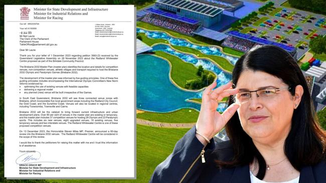 The letter from Queensland’s new State Development Minister Grace Grace in response to a petition by 396 Redland ratepayers calling for the Birkdale Olympic whitewater venue to be axed.