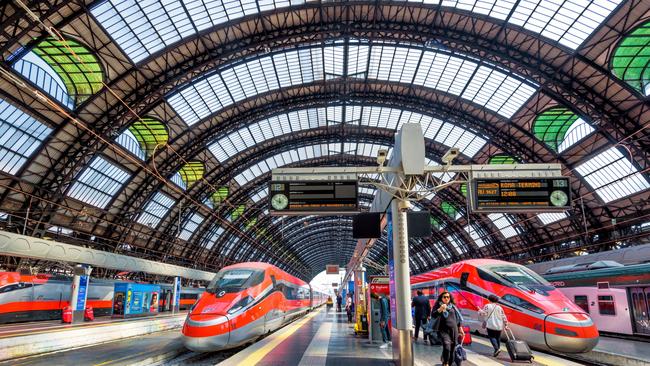 High-speed trains at Milan Central Station.