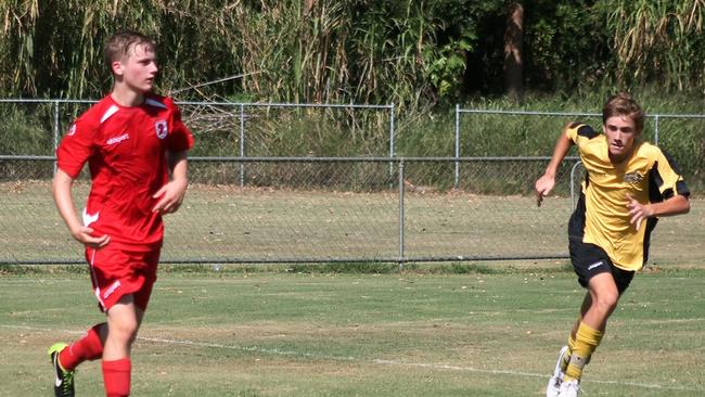 Magpies Crusaders recruit Jaiden Brown (left) playing for NPL Queensland rivals Redlands United.