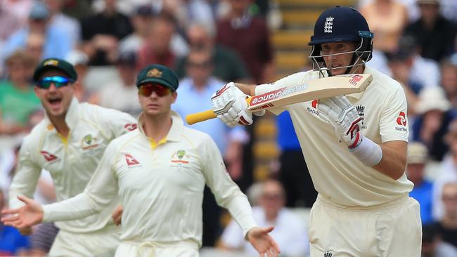 Joe Root requests a review after being given out lbw. Picture: AFP