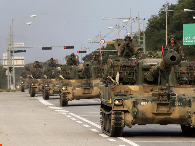 South Korean army's K-55 self-propelled howitzers move during a military exercise in Paju, South Korea, near the border with North Korea. Picture: AP