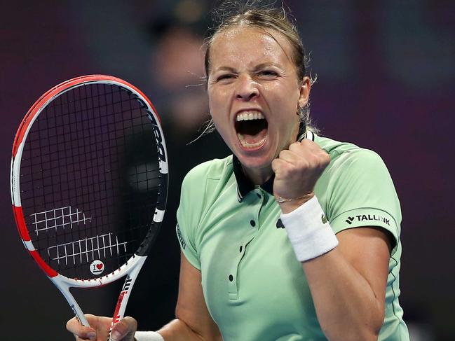 DOHA, QATAR - FEBRUARY 25: Anett Kontaveit of Estonia celebrates after winning against Jelena Ostapenko of Latvia during the Qatar TotalEnergies Open - semi-final at at Khalifa International Tennis and Squash Complex on February 25, 2022 in Doha, Qatar. (Photo by Mohamed Farag/Getty Images) *** BESTPIX ***