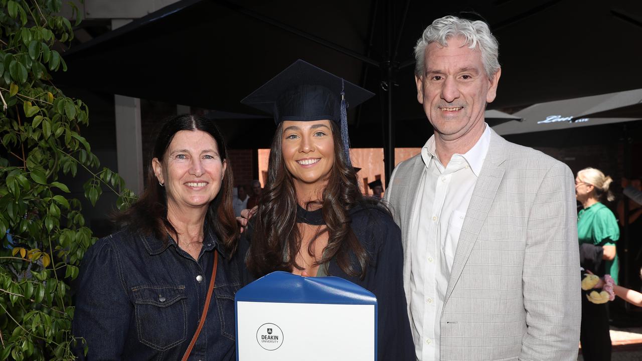 Leanne, Jessica and Garry Smith. Deakin School of Education; NIKERI; and Centre of Humanitarian Leadership students graduated on Wednesday lunchtime. Picture: Alan Barber