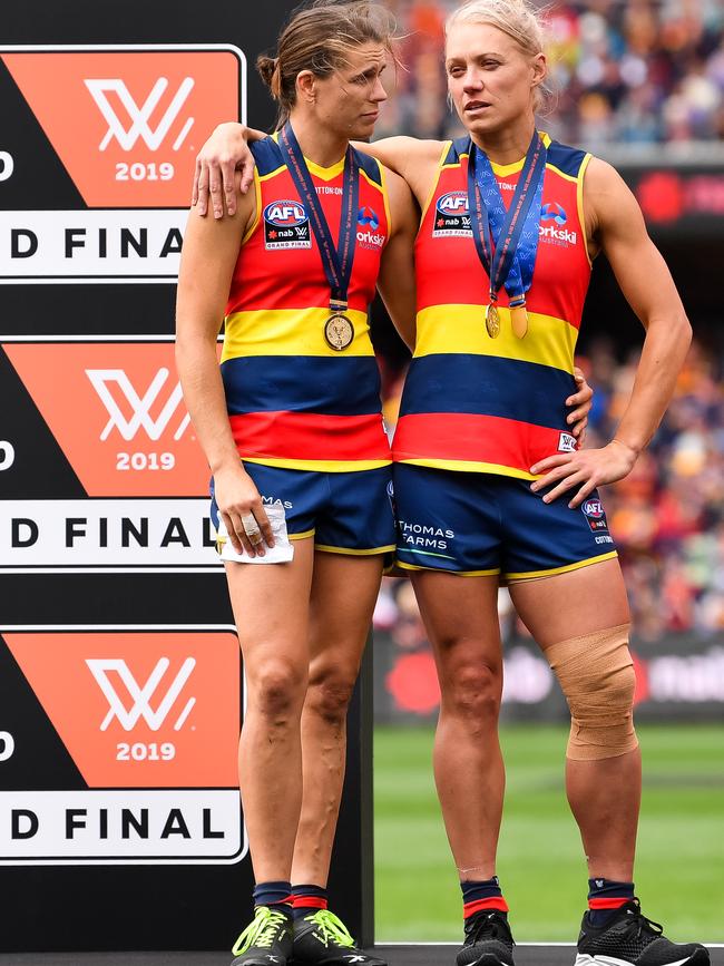 Crows co-captains Chelsea Randall and Erin Phillips are pictured together after winning the AFLW Grand Final against Carlton at Adelaide Oval on March 31, 2019. Phillips tore her ACL in the third quarter. Picture: DANIEL KALISZ/GETTY IMAGES