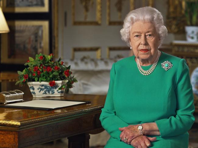 Queen Elizabeth II addresses the Commonwealth in a special broadcast in relation to the coronavirus outbreak. Picture: Getty Images