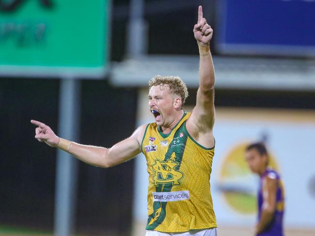 Saints forward Jackson Calder celebrates one of his seven goals during his team’s 27-point win over Wanderers in the 2020-21 NTFL Men's Preliminary Final last Saturday night. Picture: Glenn Campbell