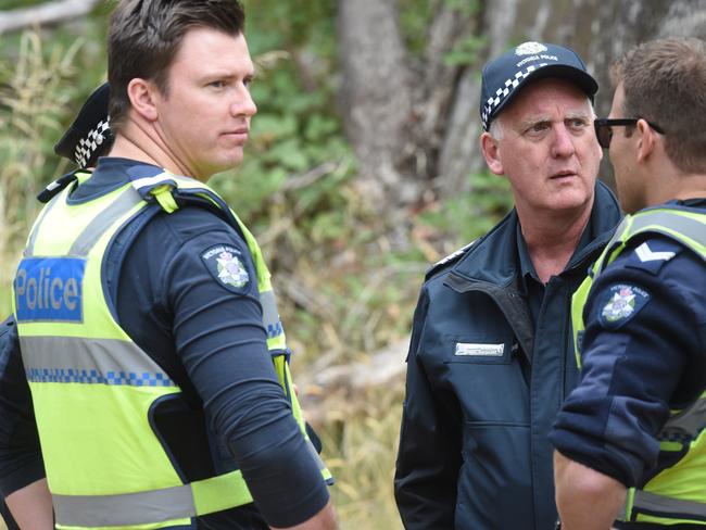 Police at the scene near where a decomposed body has been found in the Macedon Regional Park. Picture: Kylie Else