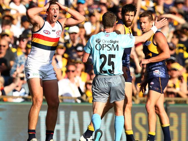 Kyle Hartigan reacts to a free kick on Sunday. Picture: Getty Images