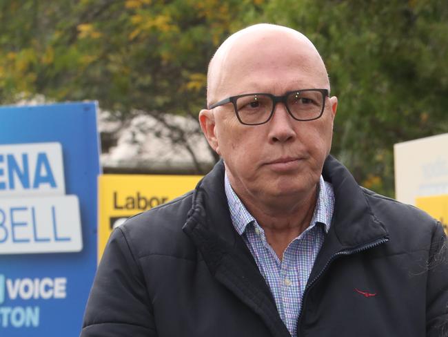 2023 Aston by-Election. Liberal party candidate Roshena Campbell campaigning at Lysterfield Primary School with Liberal party leader Peter Dutton. Saturday, April 1, 2023. Picture: David Crosling