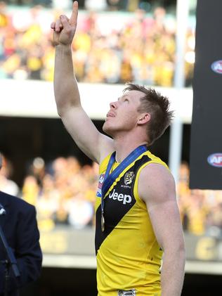 Riewoldt points to the heavens in honour of cousin Maddie. Pic: Michael Klein