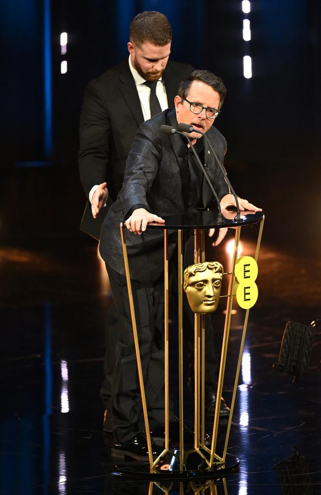 Michael J. Fox presents the Best Film Award on stage during the BAFTAs Picture: Getty Images