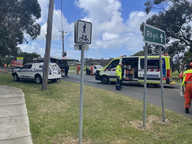 A 77-year-old man has been injured and flown to hospital after a single car rollover in Cowes, Phillip Island. Picture: Jack Colantuono