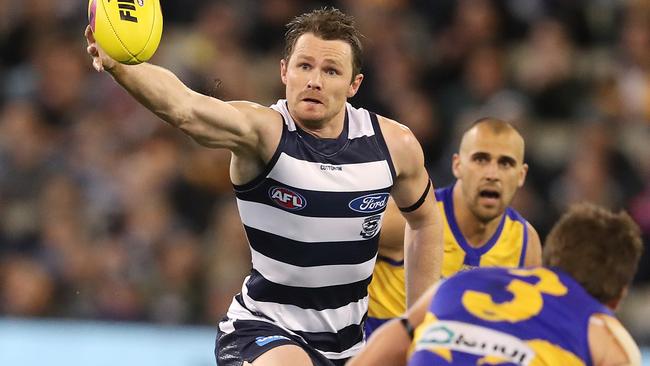 Geelong star Patrick Dangerfield wins the ball out of the middle. Picture: Michael Klein