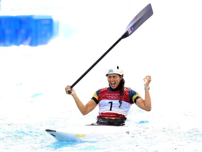 Jess Fox wins gold in the women's canoe finals at the Kasai Canoe Slalom Centre at the Tokyo 2020 Olympics. Picture: Adam Head