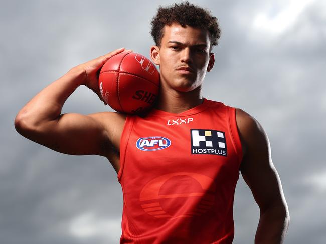 GOLD COAST, AUSTRALIA - OCTOBER 30: Gold Coast Suns AFL draft prospect Leo Lombard poses during a portrait session at  Burleigh Bombers AFC on October 30, 2024 in Gold Coast, Australia. (Photo by Chris Hyde/Getty Images)