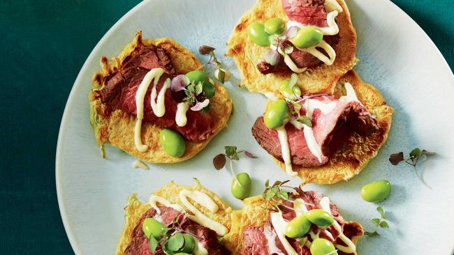 Mini okonomiyaki with miso mayo and rare roast beef MUST RUN WITH RECIPE OR TASTE.COM.AU POINTER