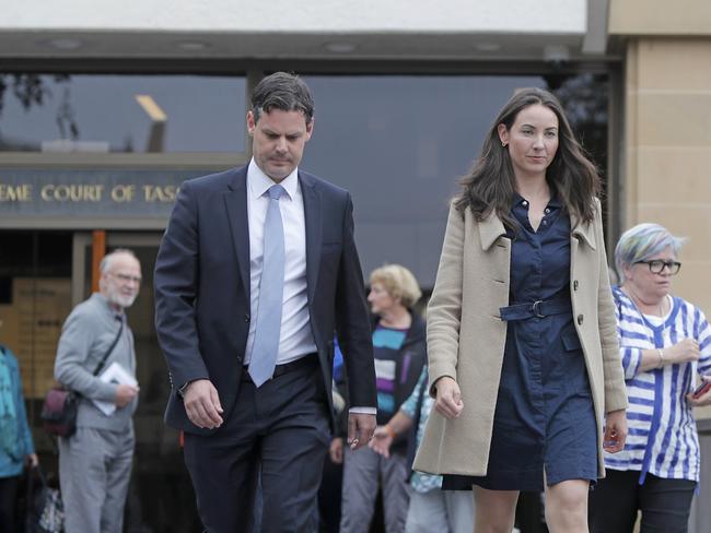 Sue Neill-Fraser's daughter Sarah Bowles and her husband Mark leave Hobart Supreme Court on Thursday after their mother's bid for an appeal was approved. Picture: PATRICK GEE