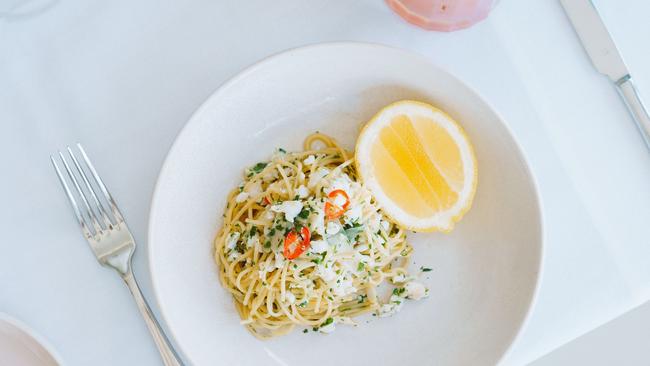 The spanner crab spaghettini, garlic, chilli, shallot, lemon at Rickys River Bar and Restaurant at Noosa.