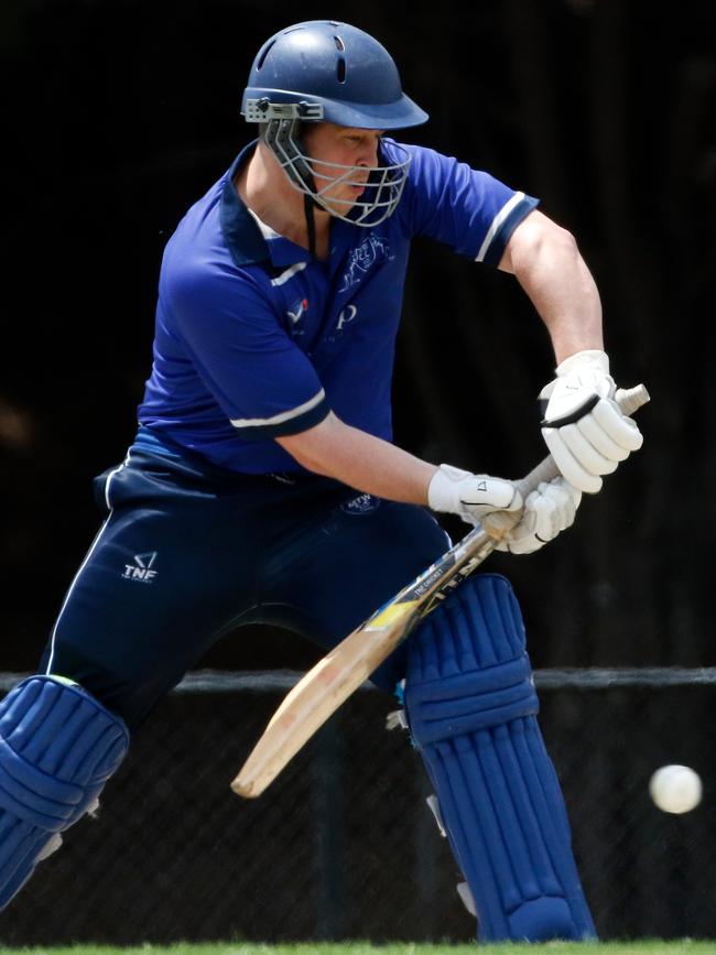 Mt Waverley skipper Andy Power digs in during his hundred on Saturday.