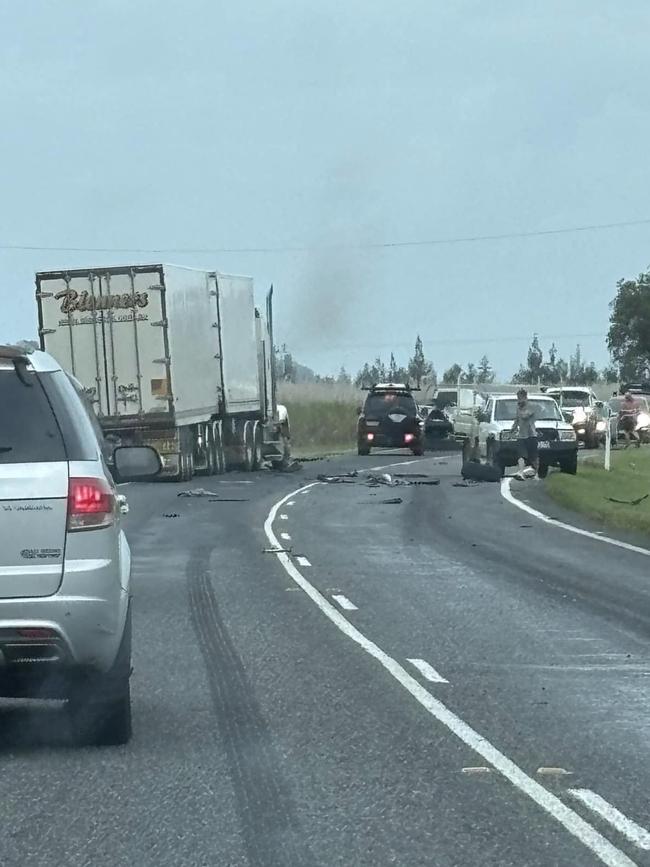 A car crashed into a truck, closing the Bruce Hwy following a violent stabbing at Innisfail on Friday afternoon. Picture: Dan Con Goo (Facebook)