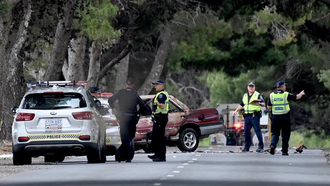 The car crashed into a tree on Port Rd, at Aldinga on Sunday morning. Picture: Naomi Jellicoe