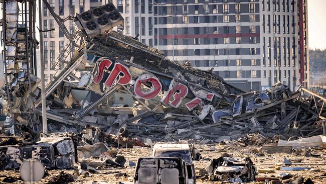 A view of the damage at the Retroville shopping mall, a day after it was shelled by Russian forces in a residential district in the northwest of the Ukrainian capital Kyiv. Picture: AFP