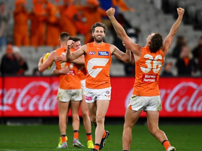 MELBOURNE, AUSTRALIA - JULY 27: Callan Ward of the Giants reacts on the final siren following the round 20 AFL match between Melbourne Demons and Greater Western Sydney Giants at Melbourne Cricket Ground, on July 27, 2024, in Melbourne, Australia. (Photo by Morgan Hancock/AFL Photos/via Getty Images)