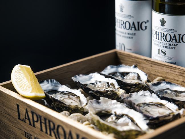 Oysters and Laphroaig whisky at the Boilermaker House in Melbourne. Picture: Supplied