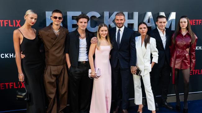 Mia Regan, Romeo Beckham, Cruz Beckham, Harper Beckham, David Beckham, Victoria Beckham, Brooklyn Beckham and Nicola Peltz. Photo: Getty.