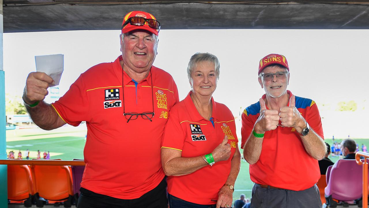 Travelling Gold Coast fans Allan Cottrell, Lois Cottrell and Tony Klose at the Gold Coast Suns match vs Western Bulldogs at TIO Stadium. Pic: Pema Tamang Pakhrin