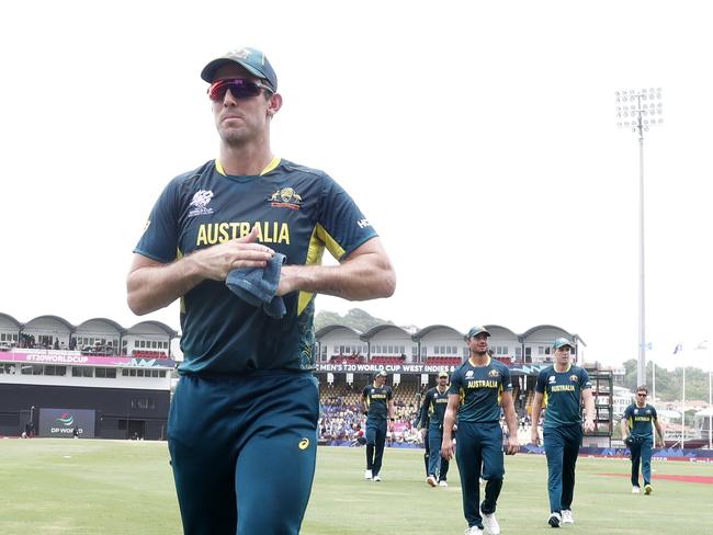 GROS ISLET, SAINT LUCIA - JUNE 24: Mitchell Marsh of Australia makes his way off at the innings break during the ICC Men's T20 Cricket World Cup West Indies & USA 2024 Super Eight match between Australia and India at Daren Sammy National Cricket Stadium on June 24, 2024 in Gros Islet, Saint Lucia. (Photo by Pankaj Nangia-ICC/ICC via Getty Images)