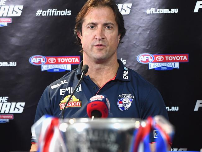 MELBOURNE, AUSTRALIA - SEPTEMBER 30: Bulldogs head coach Luke Beveridge speaks to the media before the 2016 AFL Grand Final Parade on September 30, 2016 in Melbourne, Australia. (Photo by Quinn Rooney/Getty Images)