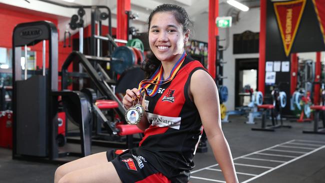 West Adelaide first-year player Rachelle Martin took home the Dutscke Medal for the Adelaide Footy League women's competition division one best and fairest. At West Adelaide Football Club 26 August 2017. (AAP Image/Dean Martin)