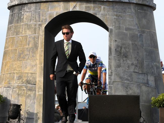 Re-instated team manager Matt White leads out Australia's Orica GreenEDGE team at the Tour de France team presentation.