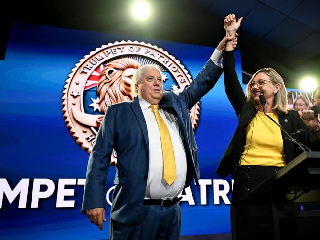 Clive Palmer and the leader of the Trumpet of Patriots party Suellen Wrightson. Picture: Dan Peled/Getty Images