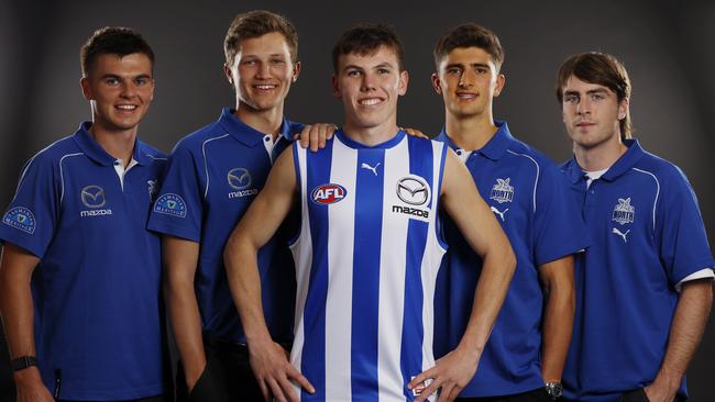 Finn O’Sullivan with new teammates Colby McKercher, Zane Duursma, Harry Sheezel and George Wardlaw after being selected. Picture: Michael Klein