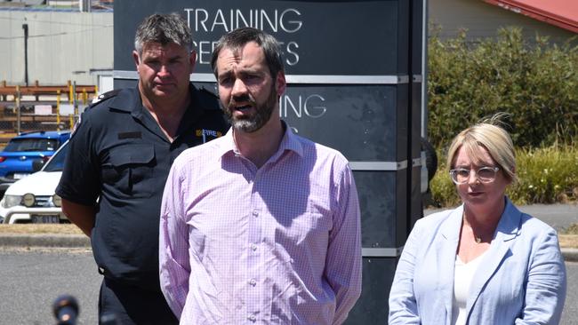 TFS firefighter Jeremy Patterson, UFUA - Tasmania organiser Stephen McCallum and Tasmanian Labor emergency management spokeswoman Michelle O'Byrne MP at Northern Region Headquarters in Youngtown. Picture: Alex Treacy