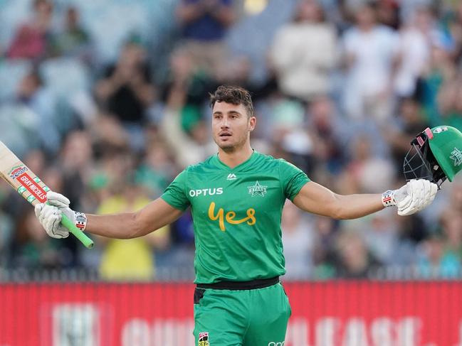 Marcus Stoinis of the Stars celebrates a century during the Big Bash League (BBL)cricket match between the Melbourne Stars and the Sydney Sixers at the MCG in Melbourne, Sunday, January 12, 2020. (AAP Image/Michael Dodge) NO ARCHIVING, EDITORIAL USE ONLY, IMAGES TO BE USED FOR NEWS REPORTING PURPOSES ONLY, NO COMMERCIAL USE WHATSOEVER, NO USE IN BOOKS WITHOUT PRIOR WRITTEN CONSENT FROM AAP