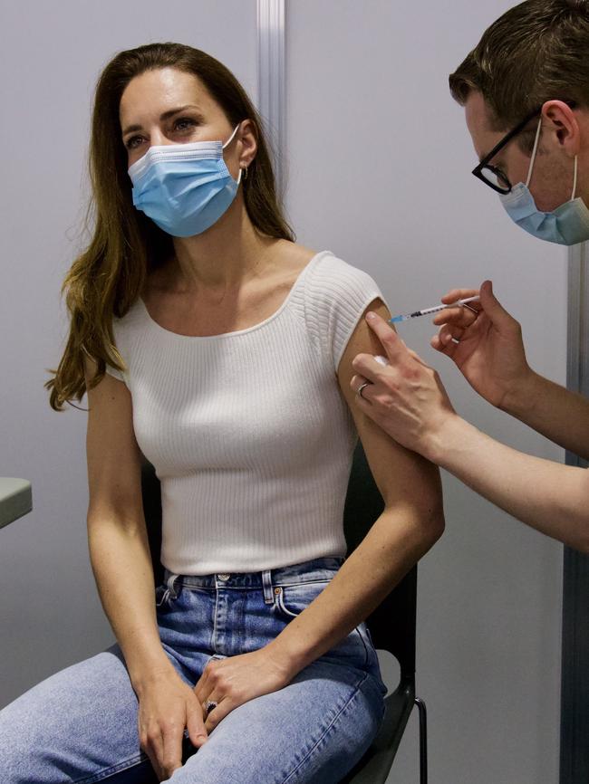 Catherine, the Duchess of Cambridge, get her Covid vaccine wearing a fitted white top.